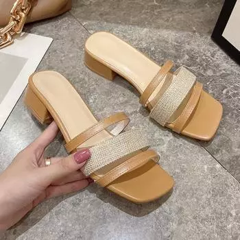 Модные сандалии большого размера с открытым носком и квадратной головкой, женские, лето 2024, новые толстые каблуки для женской модной обуви на низком каблуке 40 бежевый