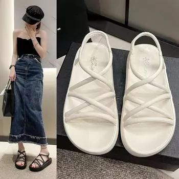 Модные сандалии-гладиаторы с перекрестными ремешками для женщин, летние сандалии на толстой платформе с танкеткой, женские повседневные римские туфли с эластичной резинкой сзади 35 чёрный