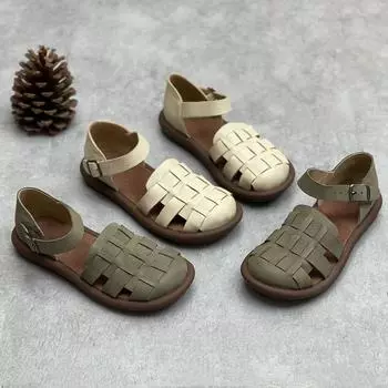Модные сандалии из воловьей кожи на плоской подошве в стиле ретро, ностальгическая кожаная плетеная женская обувь, здоровая и дышащая летом 35 серый