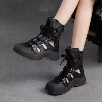 Модные сандалии Johnature, дышащие летние ботинки из натуральной кожи в стиле ретро, универсальная женская обувь 35 чёрный