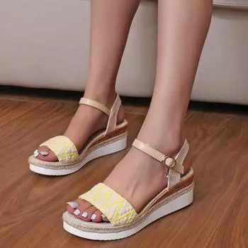 Модные сандалии, летние женские сандалии на танкетке с полой пряжкой сзади и низким верхом 36 жёлтый