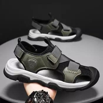 Модные сандалии Мужская мода Дышащая летняя обувь Мужские дышащие уличные мужские сандалии Противоскользящие пляжные сандалии Предотвращение столкновений 6.5 чёрный