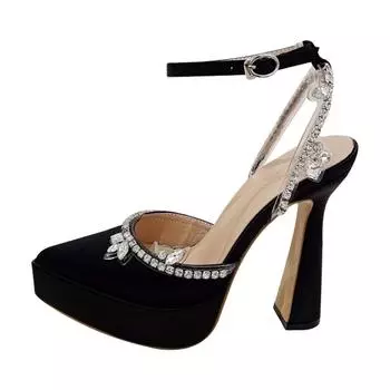 Модные сандалии на платформе женские стразы цепочка острый носок пряжка на щиколотке высокий каблук ночной клуб подиум вечеринка женские туфли 35