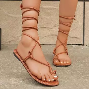 Модные сандалии на шнуровке с перекрестными ремешками, женские сандалии на плоской подошве с застежкой на носке, с запахом на щиколотке, в римском стиле, летние женские сандалии Mujer 36 коричневый