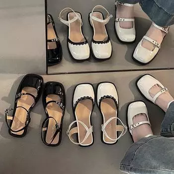 Модные сандалии с квадратной головкой, женские, лето 2025, новые интернет-знаменитости, универсальные, с сумкой, на среднем каблуке, нескользящие, Мэри Джейн, Сяо Чэншэн 35 чёрный