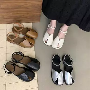 Модные сандалии с квадратным носком и ремешком на щиколотке Женские сандалии с пряжкой из одного слова Плоские туфли на каблуке-рюмочке Босоножки Женские повседневные туфли Crocs Рим Ретро 35