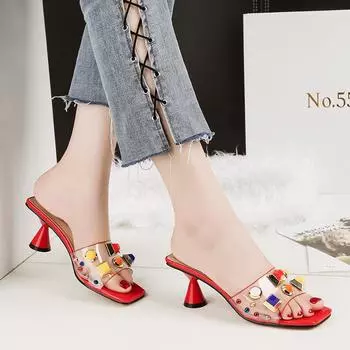 Модные сандалии с открытым носком, сексуальные шлепанцы на толстом каблуке, женская обувь, прозрачные темпераментные сандалии на высоком каблуке 34 красный