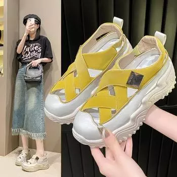 Модные сандалии с толстой подошвой, увеличивающие рост, летняя новая одежда, ажурные, противоскользящие, износостойкие, спортивные туфли Baotou 35 грязно-белый