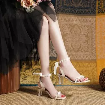 модные сандалии с жемчугом модные женские туфли с ремешками на каблуках костюм женский бежевый средний комфорт высокий пластиковый бант прозрачный черный 35 бежевый