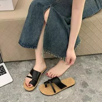 Модные сандалии Slip On, женские повседневные тапочки из искусственной кожи с ремешком, летние сандалии на плоской подошве, модные шлепанцы для платья, пляжная обувь, женские шлепанцы 35 чёрный