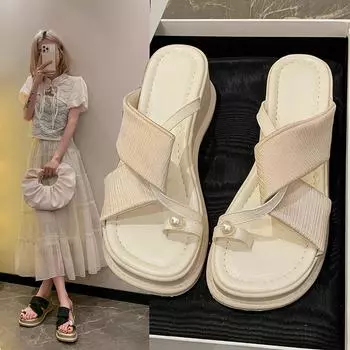 Модные сандалии женские 2024 года, модные летние новые модные универсальные стили, жемчужные верхние одежды, толстая подошва, однорядные тапочки, женская обувь 35 бежевый