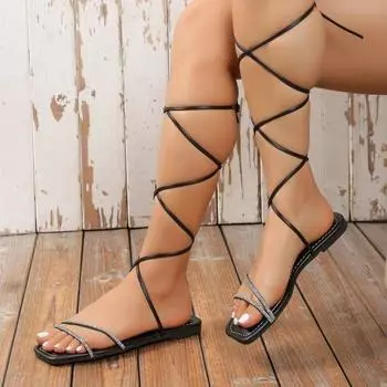 Модные сандалии женские летние 2024 года, новые модные туфли на плоской подошве с открытым носком и перекрестными шнурками, повседневные элегантные пляжные гладиаторские сандалии на шнуровке Zapatos 36 чёрный