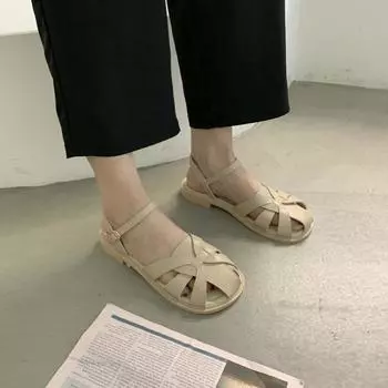 Модные сандалии женские, летние, новинка 2024 года, шикарные ретро-сандалии с полым носком, женские плоские простые сандалии с круглым носком, плетеные римские сандалии 34 бежевый