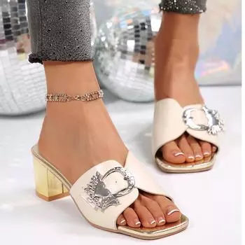 Модные сандалии женские летние тапочки металлический толстый каблук большой размер одно слово 36 бежевый