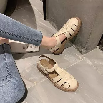 Модные сандалии женские, лето 2024, новые классические туфли с круглым носком для женщин, полые плоские гладиаторские сандалии, женские туфли на платформе 35 бежевый