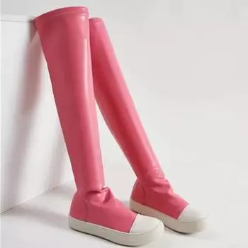 Модные сапоги до колена, большие размеры 43 44, розовые женские повседневные кроссовки, модные сапоги из микрофибры и кожи, увеличенная высота, на плоской платформе 35 чёрный