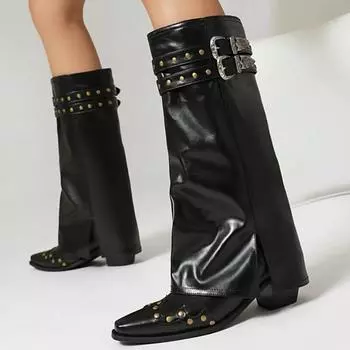 Модные сапоги до колена для женщин, новые тенденции 2024 года, зимние черные ковбойские сапоги для верховой езды с заклепками, женская обувь большого размера 34 светло-желтого