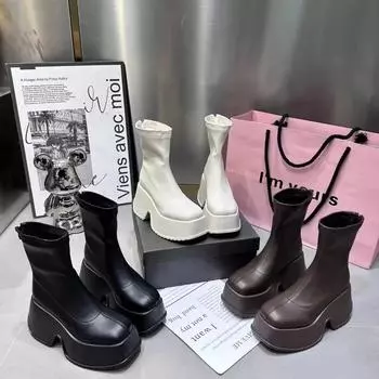 Модные сапоги до колена для женщин, высокие квадратные каблуки, платформа, танкетка, молния, флок, матовый, осень-зима, абсолютно новые, женские сапоги 35