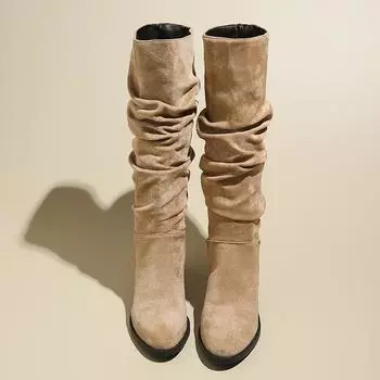 Модные сапоги до колена на квадратном каблуке, современные сапоги с острым носком, весна/осень 2024 г., высококачественная женская обувь, однотонные женские сапоги на среднем каблуке 35 хаки