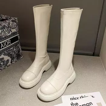 Модные сапоги до колена с квадратным каблуком высотой 5 см, мягкие лакированные женские сапоги на молнии, высококачественная платформа с резиновой подошвой, женские современные сапоги 35 бежевый
