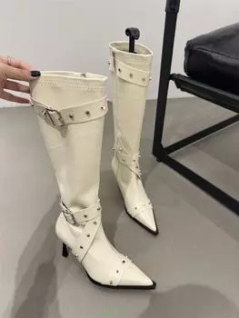 модные сапоги до колена сапоги для женщин крутые металлические остроносые высокие каблуки модные сапоги в стиле вестерн женские заклепки пряжки сексуальные женские сапоги 35 темно-коричневого