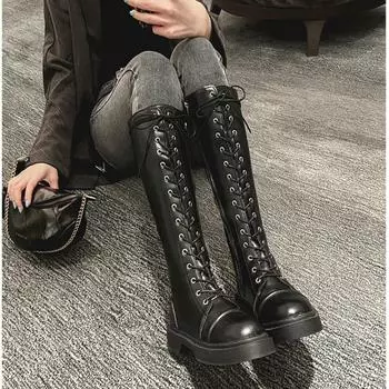 Модные сапоги до колена в британском стиле, женские мягкие, удобные, с боковой молнией, на шнуровке, женские, сексуальные, тонкие, теплые, женские сапоги 358 35