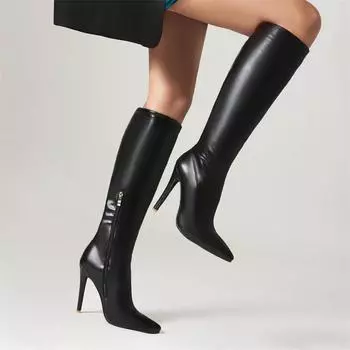 Модные сапоги до колена женские осенне-зимние длинные сапоги с острым носком черные белые сапоги на каблуке для верховой езды обувь для вечеринок женская обувь 35 чёрный