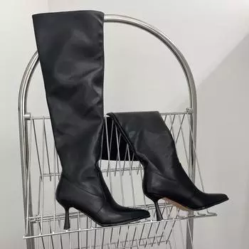 Модные сапоги до колена, женские сексуальные ночные клубные туфли с острым носком, женские туфли на тонком высоком каблуке, плиссированные туфли для женщин 2024 года, новые туфли без застежек 35 бежевый
