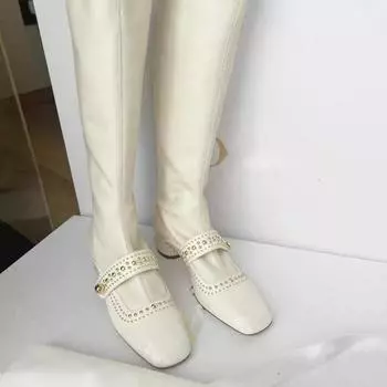 модные сапоги до колена женские туфли с квадратным носком на высоком каблуке элегантные туфли осенние дизайнерские туфли челси из кожи готические туфли Мэри Джейн Botas Mujer 35 бежевый