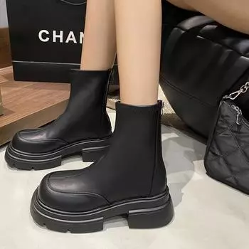 Модные сапоги High sense женские 2024 новые модные темпераментные короткие сапоги толстый каблук толстая подошва ботинки Martin прилив 35 чёрный