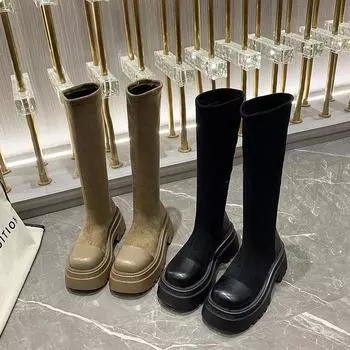Модные сапоги из флока до колена для женщин, осенне-зимние, с мягкой подошвой, женские туфли на платформе, дизайнерские сапоги для женщин с увеличенным голенищем 36
