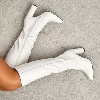 Модные сапоги из искусственной кожи до колена, сексуальные, с острым носком, с длинной молнией сбоку, на квадратном каблуке, женские туфли Botas De Mujer 35