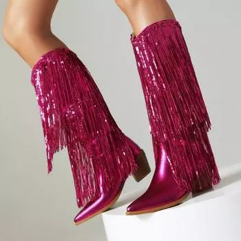 Модные сапоги на танкетке с острым каблуком и серебристым носком, сапоги до колена с пайетками и кисточками, женские туфли больших размеров 34 красный
