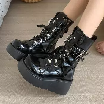 Модные сапоги на танкетке в стиле панк, мотоциклетные сапоги для женщин, с металлической пряжкой, на толстом каблуке, рыцарские сапоги, модные сапоги до середины голени из искусственной кожи с зашнурованной отделкой 35 чёрный