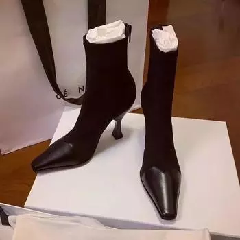 Модные сапоги Новые французские высокие каблуки Весна, осень, зима Заостренные тонкие каблуки Маленькие ароматные женские короткие сапоги 35 чёрный