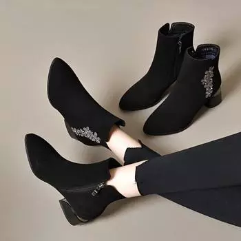 Модные сапоги с острым носком, женские, из овчины, со стразами, цветочные, темпераментные, короткие сапоги, два типа хлопковой обуви с высокой изоляцией 34
