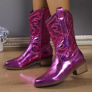 Модные сапоги в стиле вестерн с острым носком, женские сапоги из искусственной кожи на молнии до середины голени, женские сапоги-ковбойши с вышивкой на толстом каблуке, высокие ботинки-трубы 36 чёрный