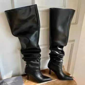 Модные сапоги выше колена, женские сексуальные сапоги с острым носком, черные сапоги выше колена на высоком каблуке с очень большой окружностью 35