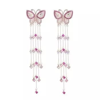 Модные серьги-бабочки с насекомыми и длинной кисточкой, висячие украшения, розовые серьги-гвоздики с кубическим цирконием, женские модные свадебные серьги