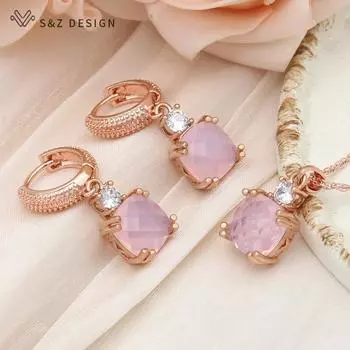 Модные серьги цвета розового золота с квадратными кристаллами, комплекты ювелирных изделий для женщин, свадебное ожерелье с подвеской, подарок