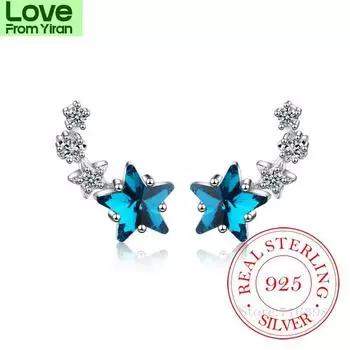 Модные серьги-гвоздики из стерлингового серебра 925 пробы с синим цирконием и звездой для женщин, ювелирные изделия из стерлингового серебра, симпатичные маленькие серьги-гвоздики с кристаллами