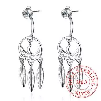 Модные серьги-гвоздики из стерлингового серебра 925 пробы с луной и ловцом снов для женщин, винтажные серьги-гвоздики из стерлингового серебра с перьями и кисточками, ювелирные изделия