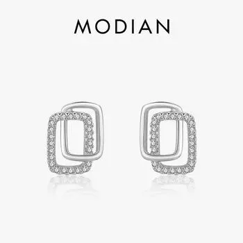 Модные серьги-гвоздики Modian из стерлингового серебра 925 пробы с двойными геометрическими узорами для женщин и девочек, антиаллергенные ювелирные изделия с прозрачным фианитом серебряный