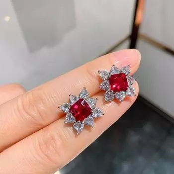 Модные серьги-гвоздики с имитацией голубиной крови и красными драгоценностями, светское кружевное изумрудное кольцо с имитацией бриллианта
