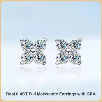 Модные серьги-гвоздики с клевером и муассанитом 0,1 карата 3 мм для женщин, вечерние ювелирные изделия, серьги из стерлингового серебра 925 пробы с бриллиантами 0.4CT and 0.4CT