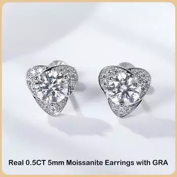 Модные серьги-гвоздики с клевером и муассанитом цвета D 0,5 карата 5 мм для женщин и девочек, изящные ювелирные изделия, серьги-гвоздики из серебра S925 с бриллиантами 0.5CT 5mm and 0.5CT