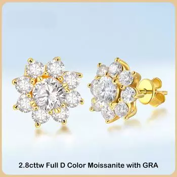 Модные серьги-гвоздики с муассанитом и бриллиантами цвета D для женщин, вечерние ювелирные изделия, серебряные серьги-гвоздики S925 2.8cttw Moissanite