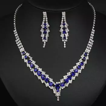 Модные серьги и ожерелье со стразами, комплект украшений для женщин, цепочка на ключицу, аксессуары для банкета синий