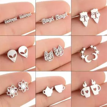 Модные серьги из нержавеющей стали с мультяшным узором, асимметричные серьги, нишевые серьги с чашкой английского алфавита, звездой и луной 1