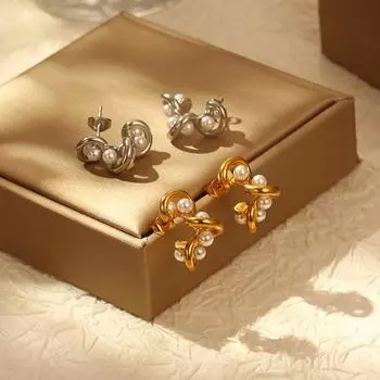 Модные серьги из нержавеющей стали с нерегулярной обмоткой и жемчугом, женские ретро-серьги с роскошным покрытием 18 карат